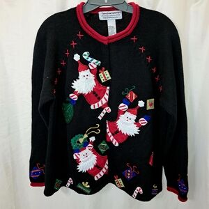Holiday Black and Red Sports Santa Cardigan Vintage 2004 Christmas Embroidered